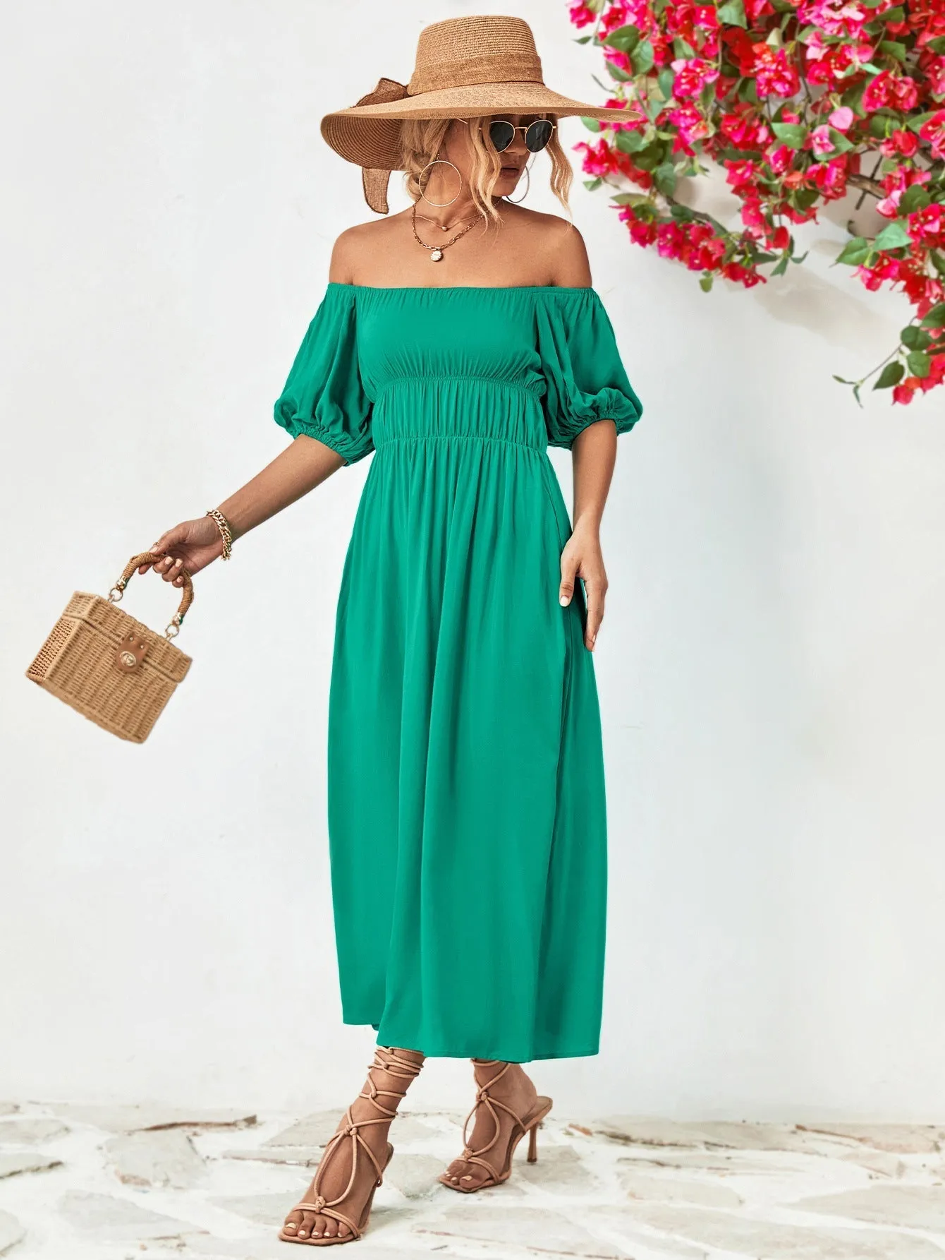 Off-Shoulder Balloon Casual Sleeve Midi Dress