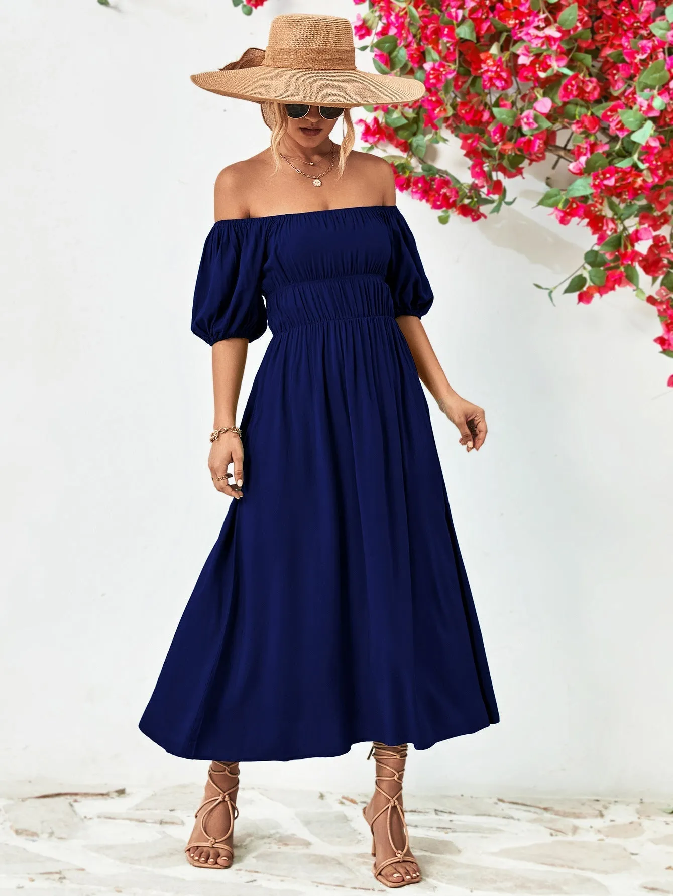 Off-Shoulder Balloon Casual Sleeve Midi Dress
