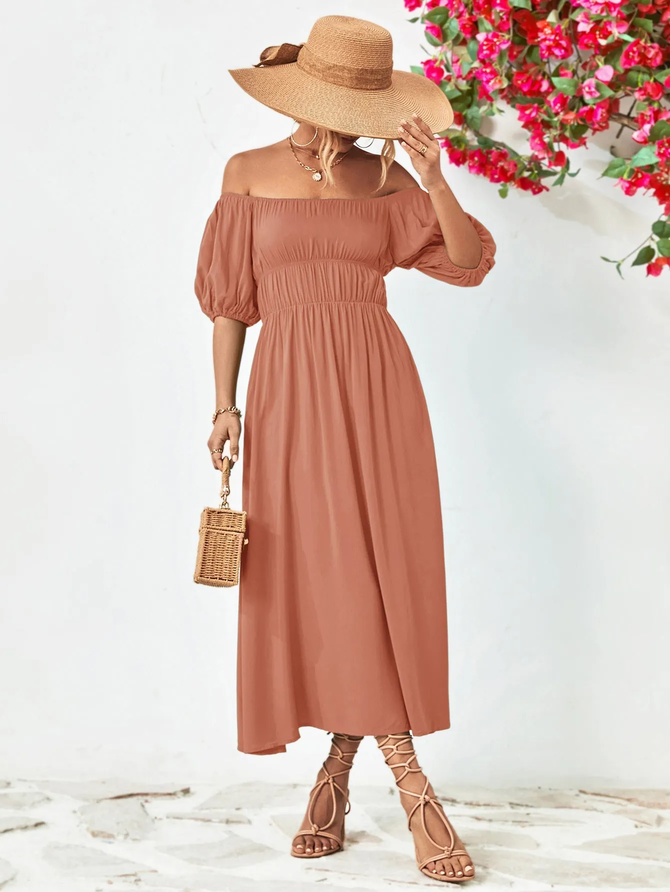 Off-Shoulder Balloon Casual Sleeve Midi Dress