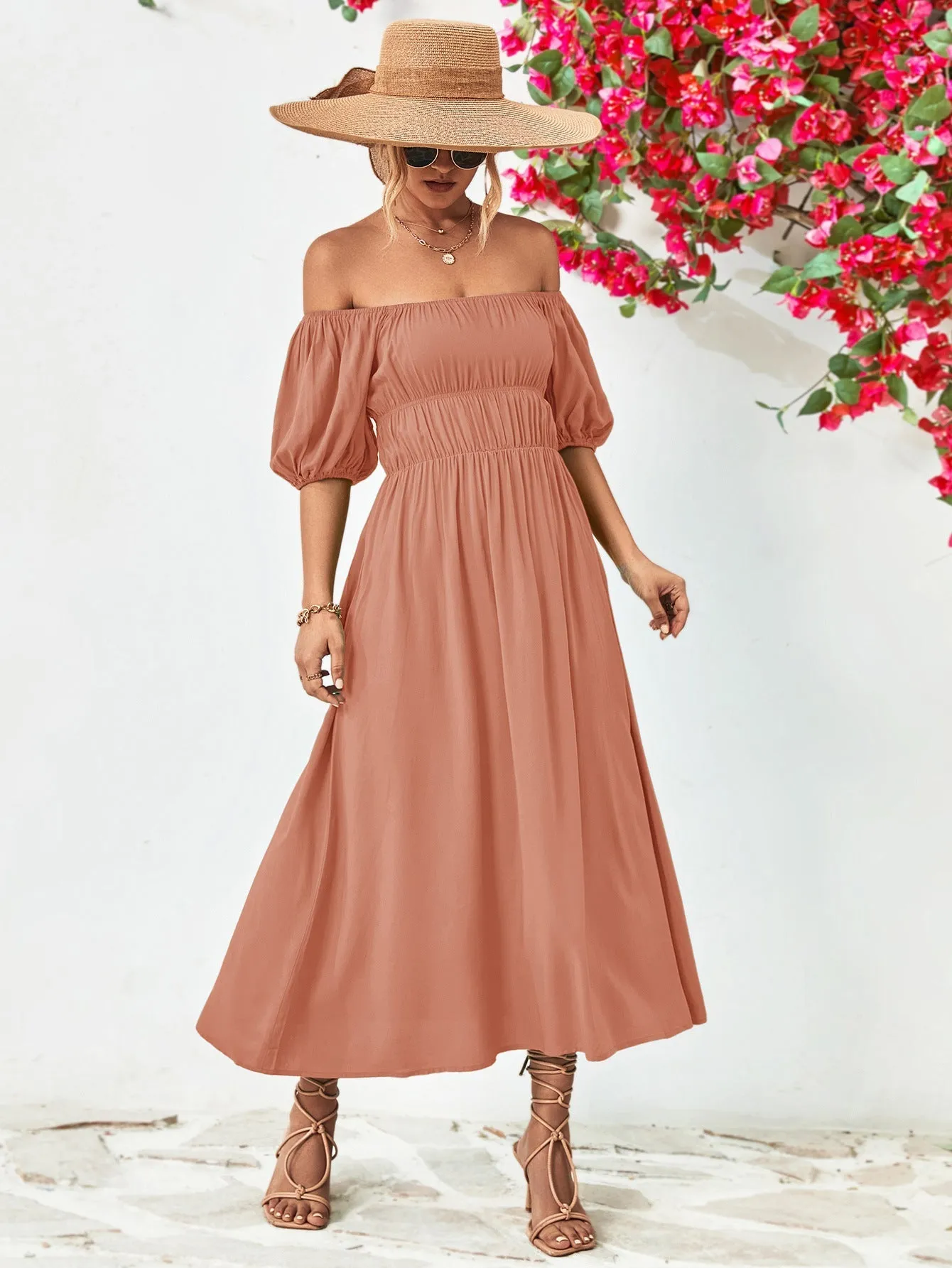 Off-Shoulder Balloon Casual Sleeve Midi Dress