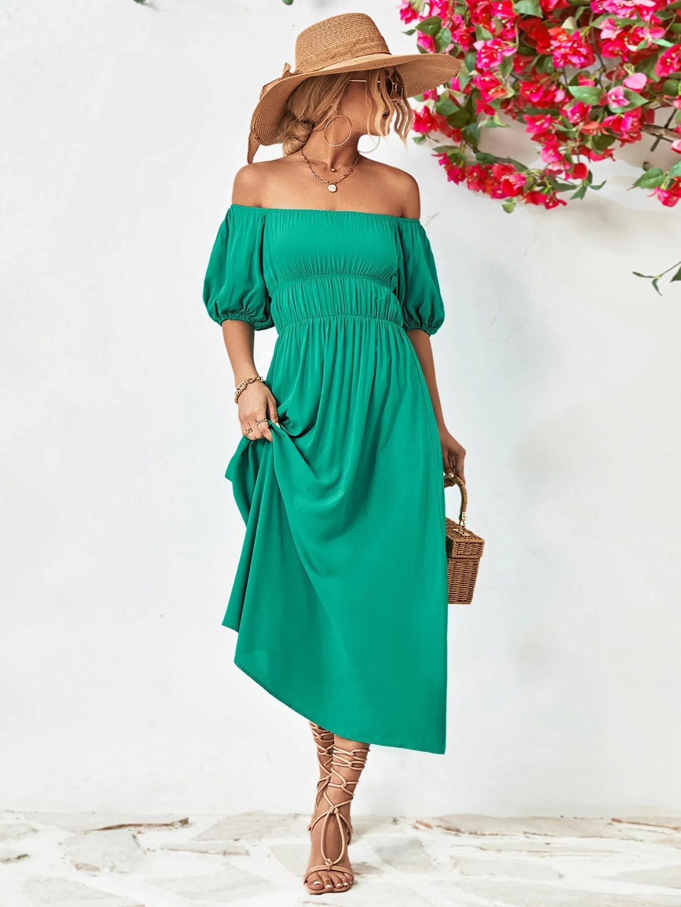 Off-Shoulder Balloon Casual Sleeve Midi Dress