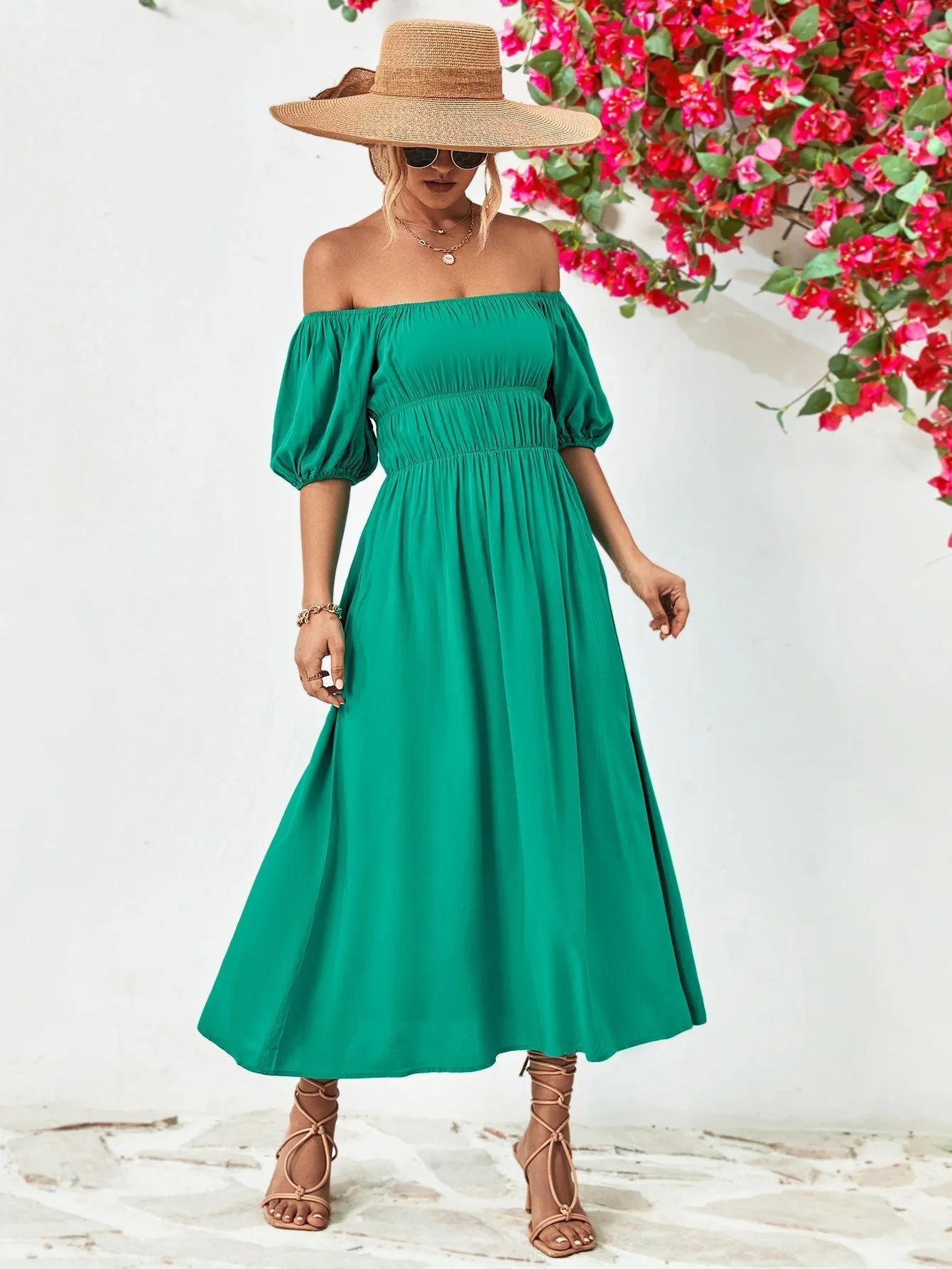 Off-Shoulder Balloon Casual Sleeve Midi Dress