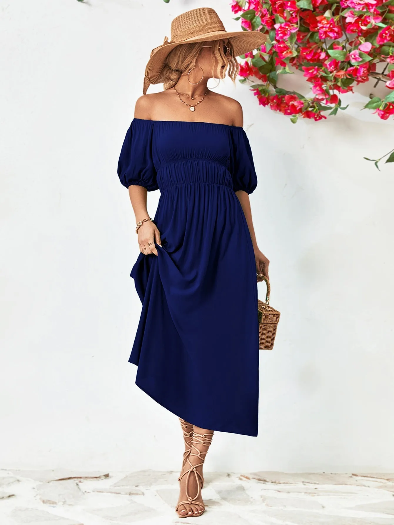 Off-Shoulder Balloon Casual Sleeve Midi Dress