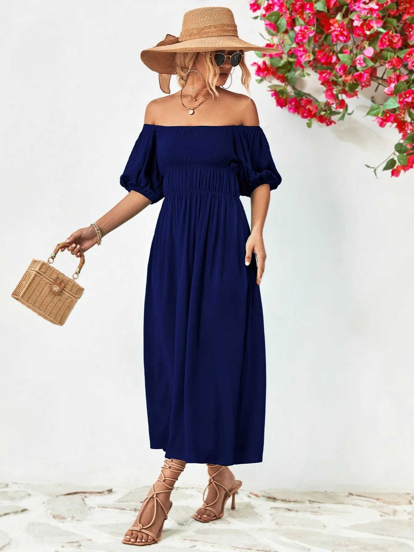 Off-Shoulder Balloon Casual Sleeve Midi Dress