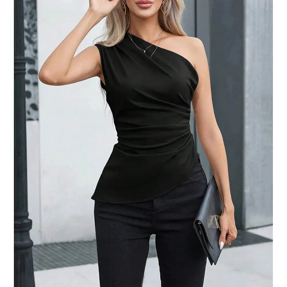 One-Shoulder Skinny Fit Top | Plain Sleeveless Asymmetric Style