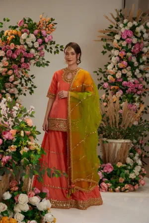 Orange Peach Kurta With Sharara And  Dupatta
