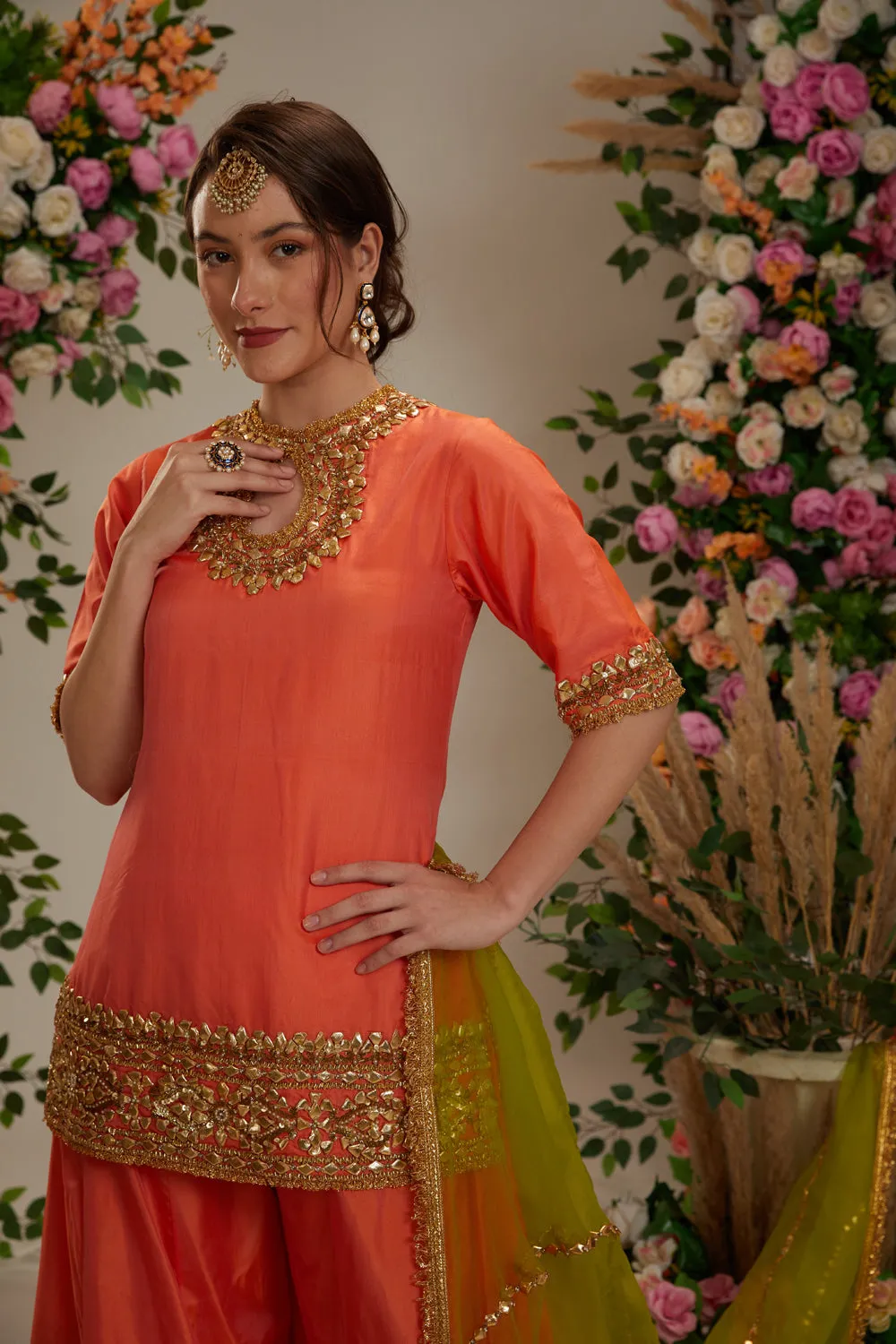 Orange Peach Kurta With Sharara And  Dupatta