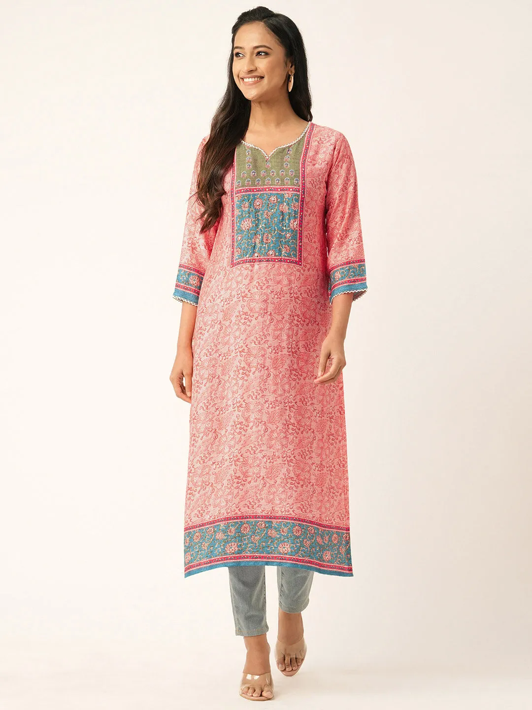 Peach Comfort Fit Silk Kurta for Women Online in India - Zola