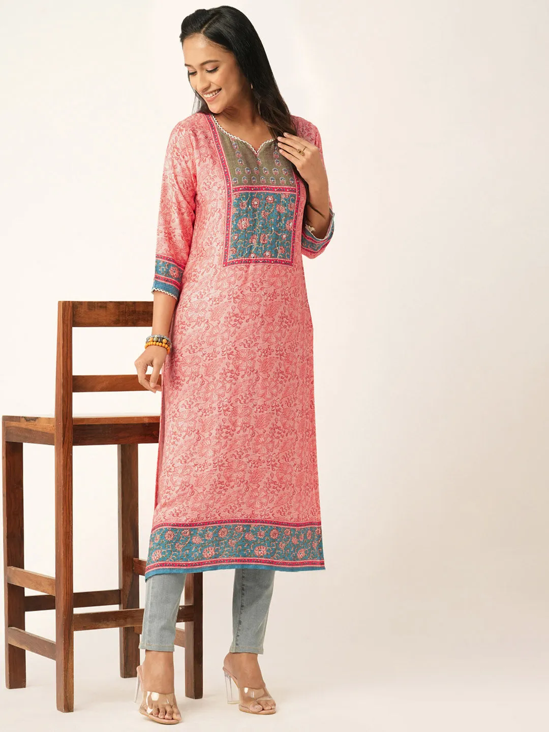 Peach Comfort Fit Silk Kurta for Women Online in India - Zola