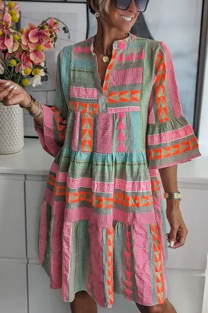 Pham - Linen Blend Colorful Babydoll Mini Dress with Ethnic Print and Bell Sleeves:
