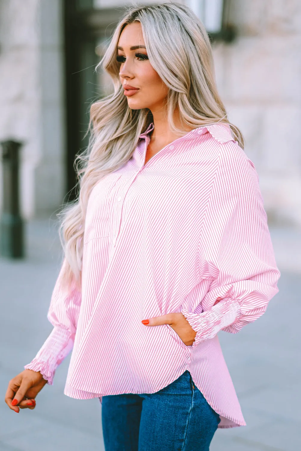Pink Boyfriend Shirt with Pockets and Ruched Cuffs