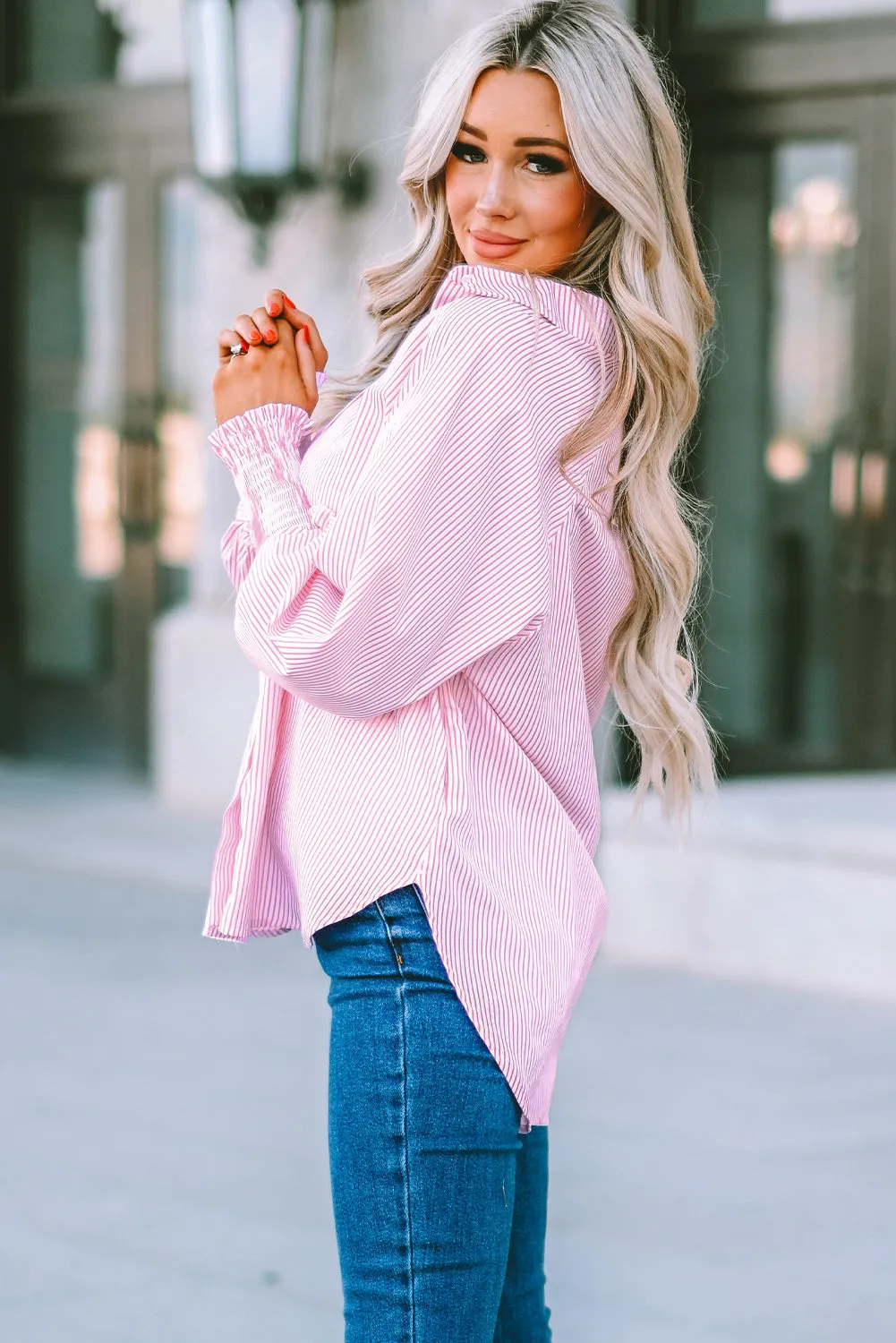 Pink Boyfriend Shirt with Pockets and Ruched Cuffs