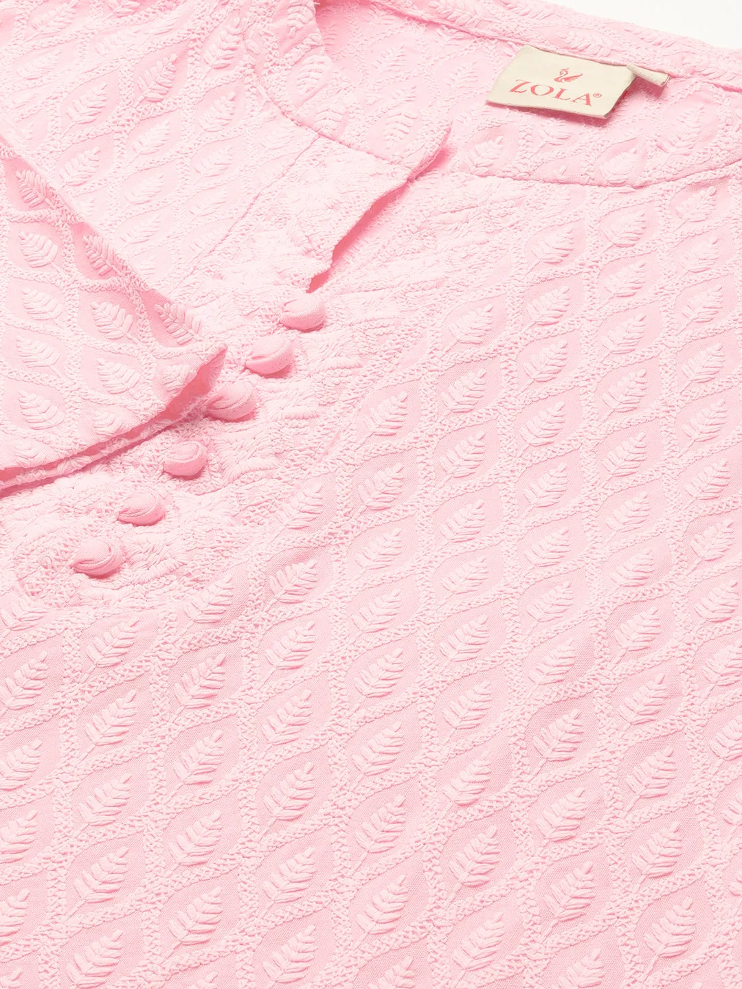 Pink Rayon Band Collar 3/4th Sleeves Chikankari Embroidery Ethnic Wear Kurta For Women - ZOLA