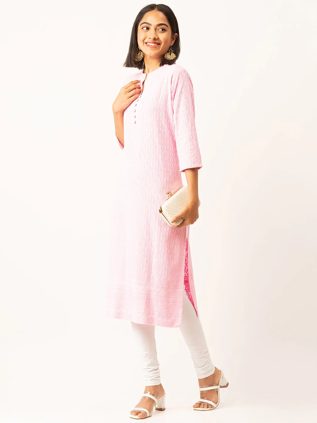 Pink Rayon Band Collar 3/4th Sleeves Chikankari Embroidery Ethnic Wear Kurta For Women - ZOLA