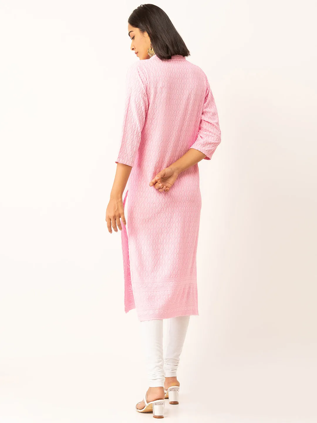 Pink Rayon Band Collar 3/4th Sleeves Chikankari Embroidery Ethnic Wear Kurta For Women - ZOLA