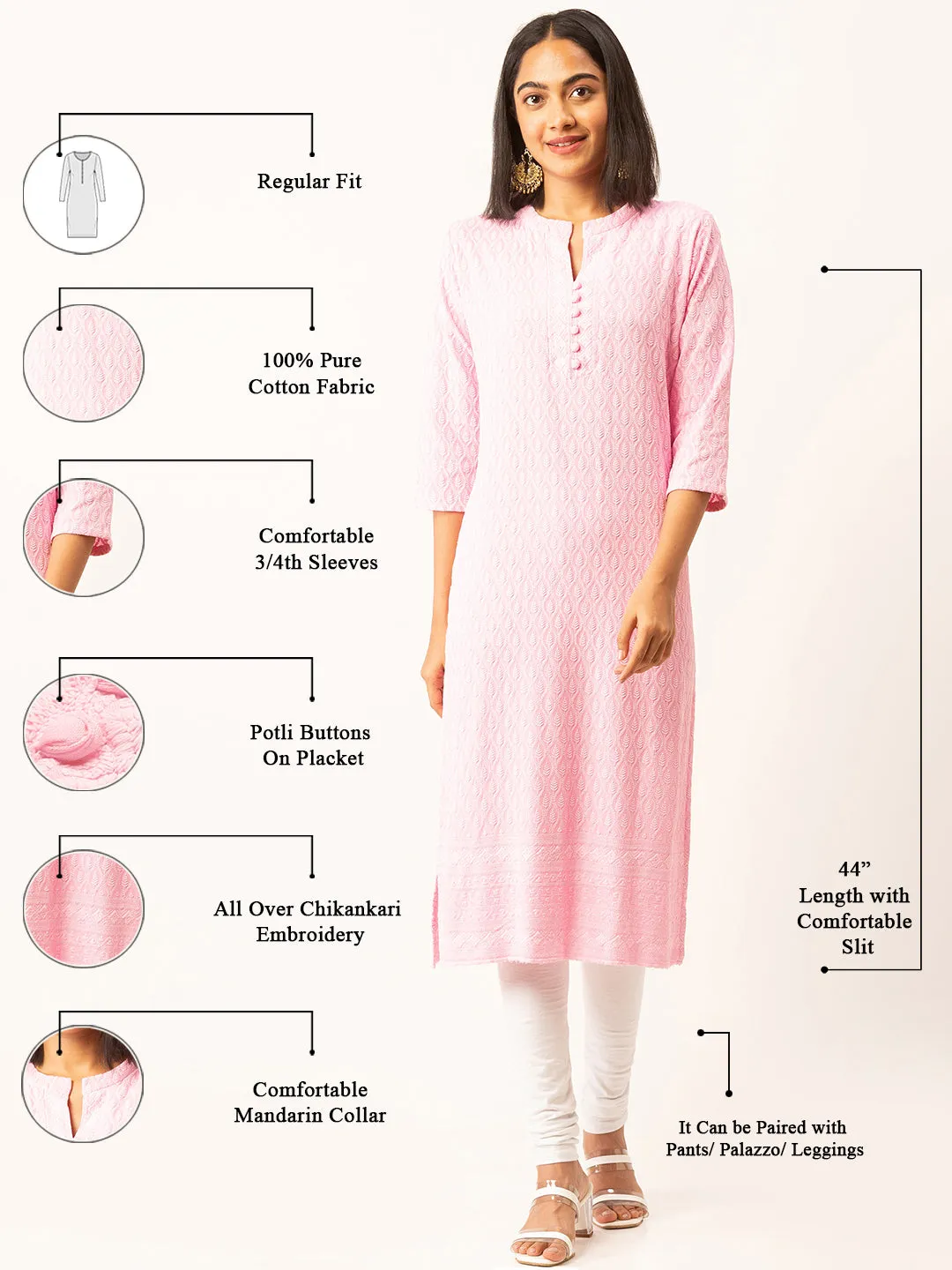 Pink Rayon Band Collar 3/4th Sleeves Chikankari Embroidery Ethnic Wear Kurta For Women - ZOLA
