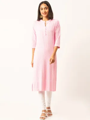 Pink Rayon Band Collar 3/4th Sleeves Chikankari Embroidery Ethnic Wear Kurta For Women - ZOLA