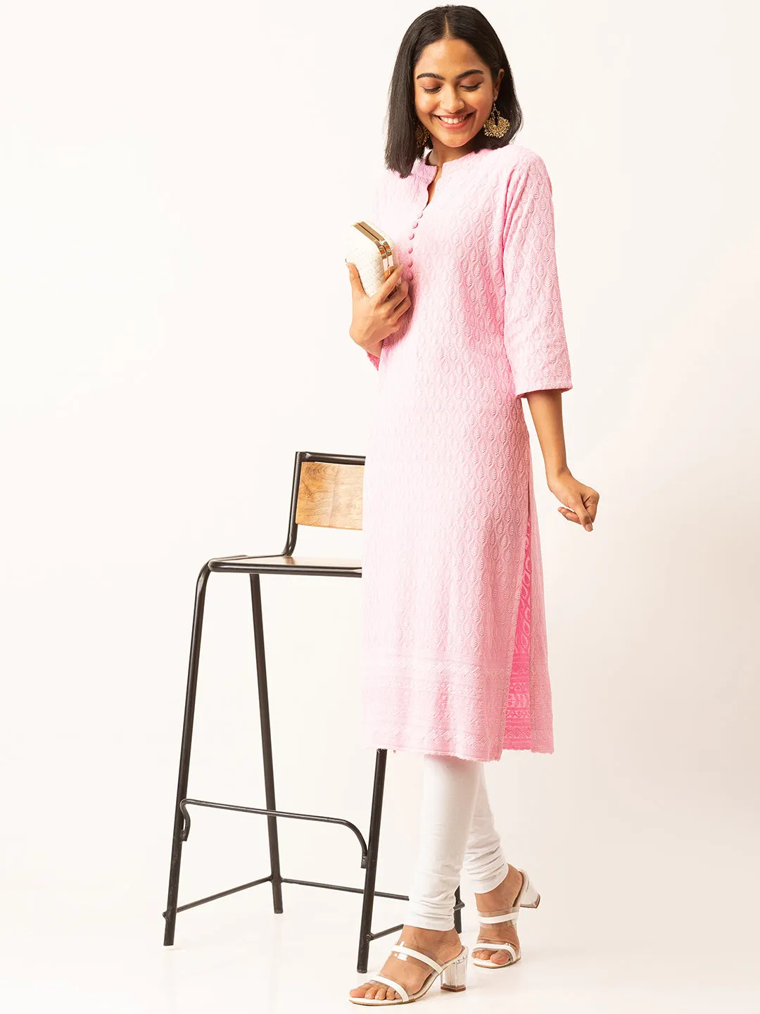 Pink Rayon Band Collar 3/4th Sleeves Chikankari Embroidery Ethnic Wear Kurta For Women - ZOLA
