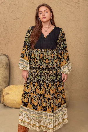 Plus Size Floral V-Neck Balloon Sleeve Midi Dress