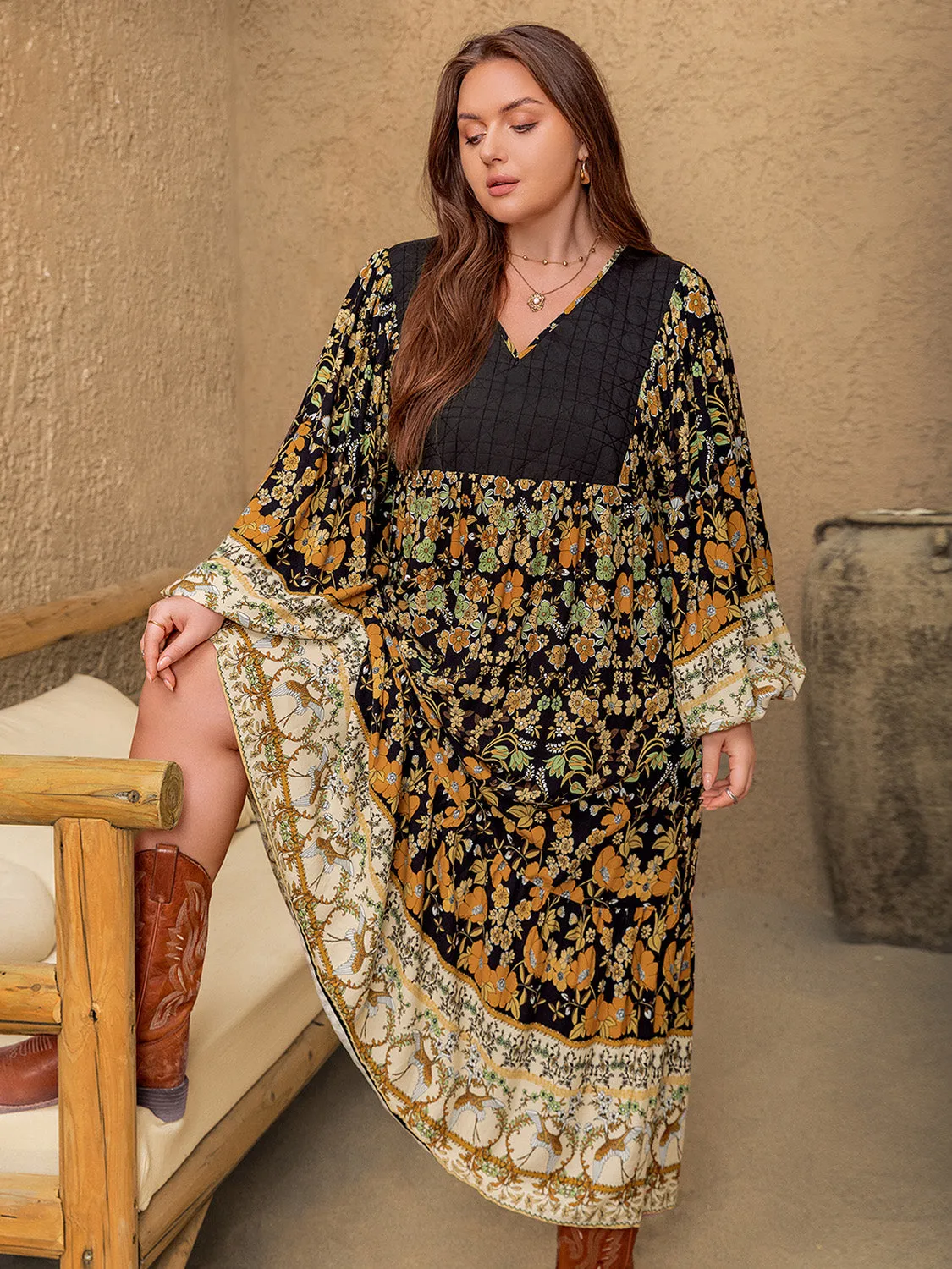 Plus Size Floral V-Neck Balloon Sleeve Midi Dress