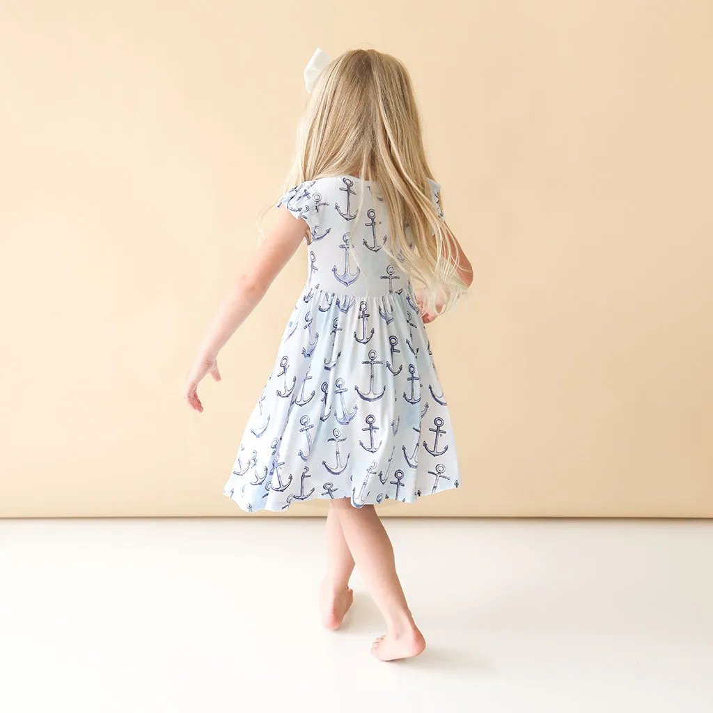 Posh Peanut Anchors Away Ruffled Capsleeve Henley Twirl Dress