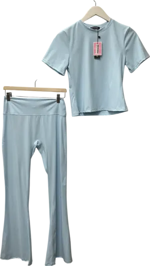 PrettyLittleThing Light Blue Sculpt Longline Short Sleeve Gym Top & Light Blue High Waist Flare Yoga Pants UK 14
