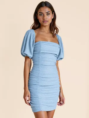 Puff Sleeve Ruched Dot Print Bodycon Mini Dress