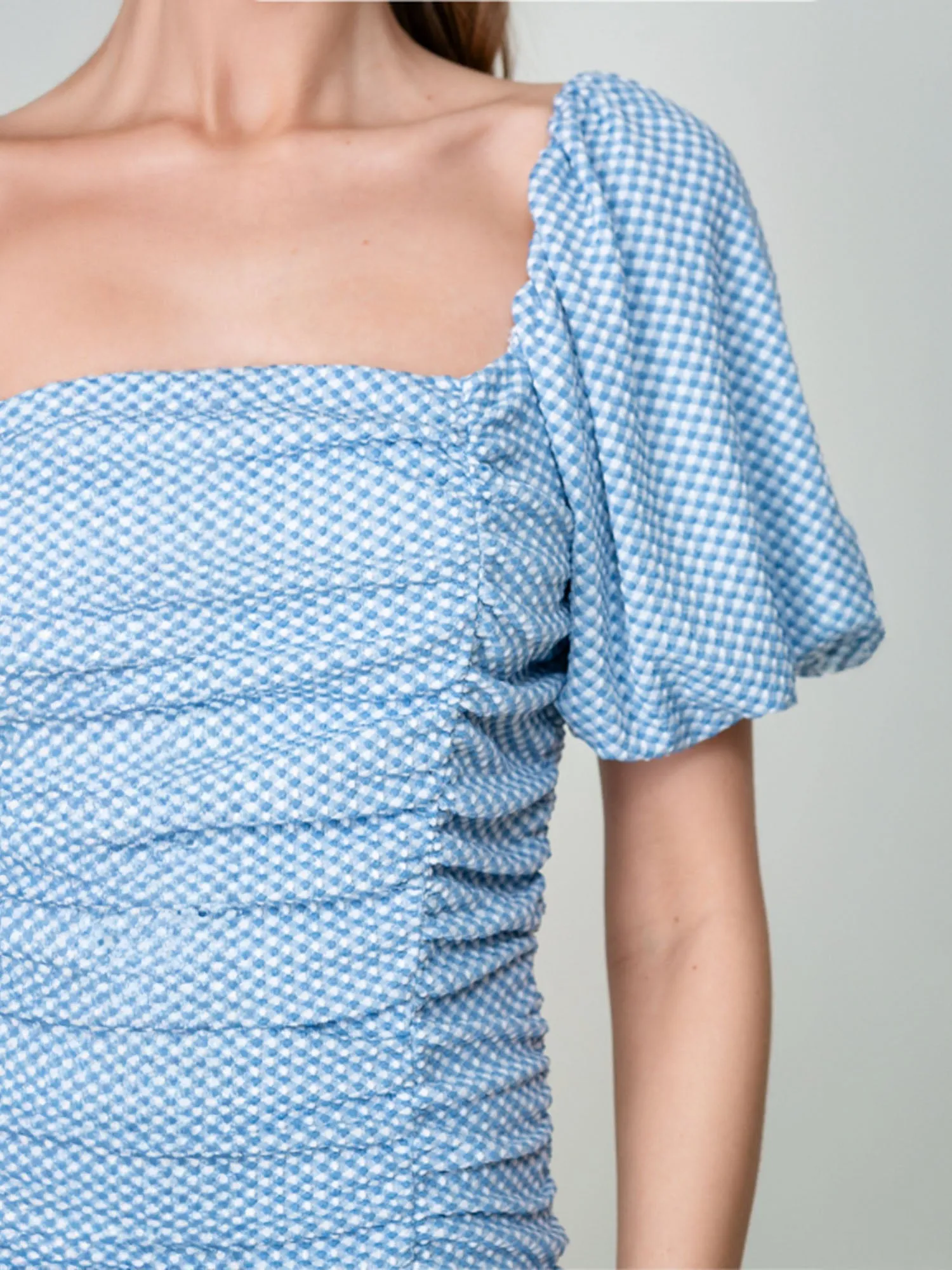 Puff Sleeve Ruched Dot Print Bodycon Mini Dress