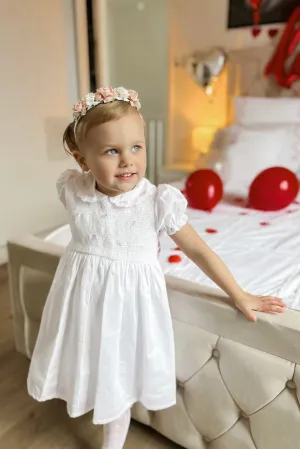 "Cassie" White & Pink Smocked Rose Dress