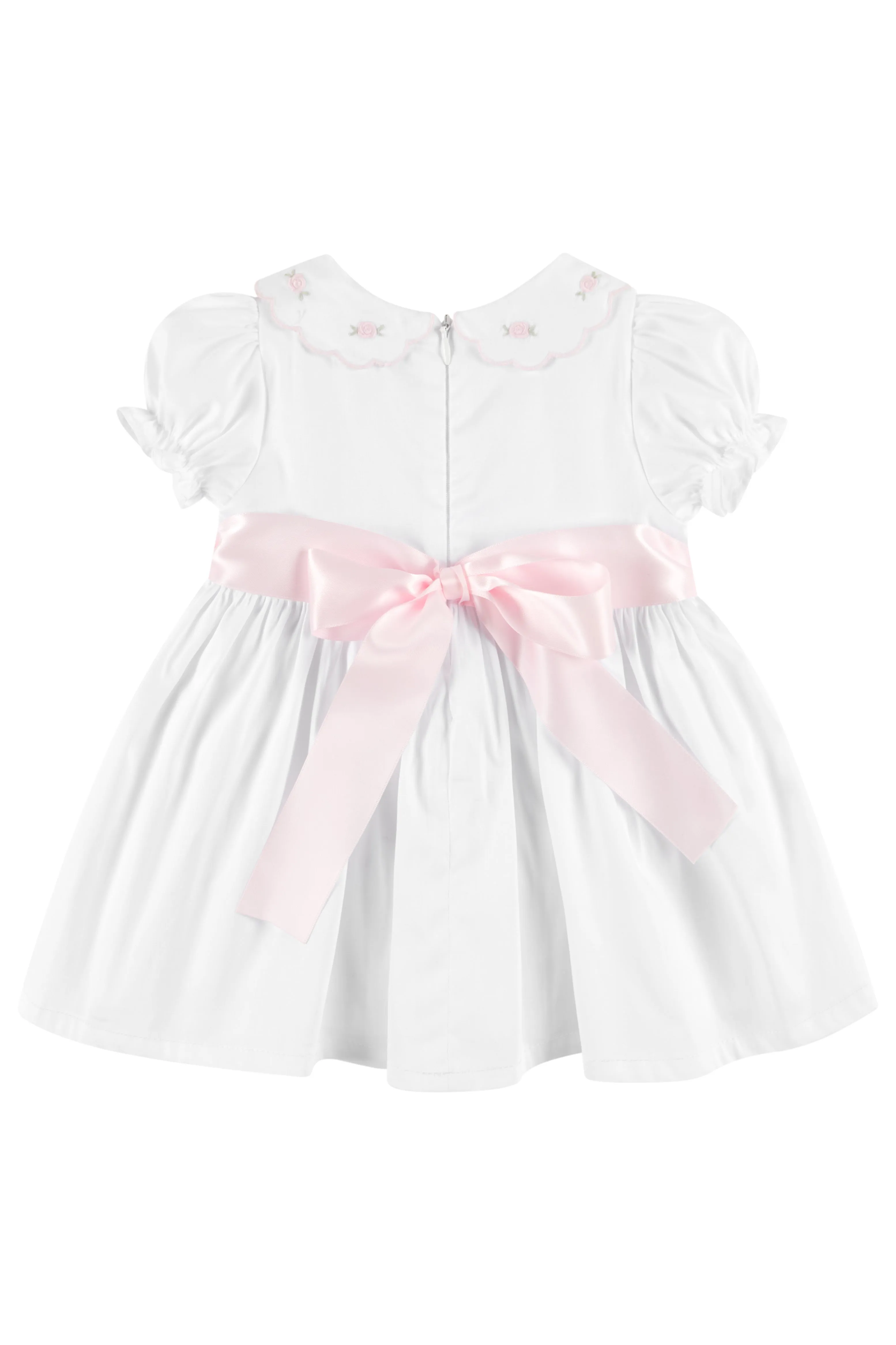 "Cassie" White & Pink Smocked Rose Dress