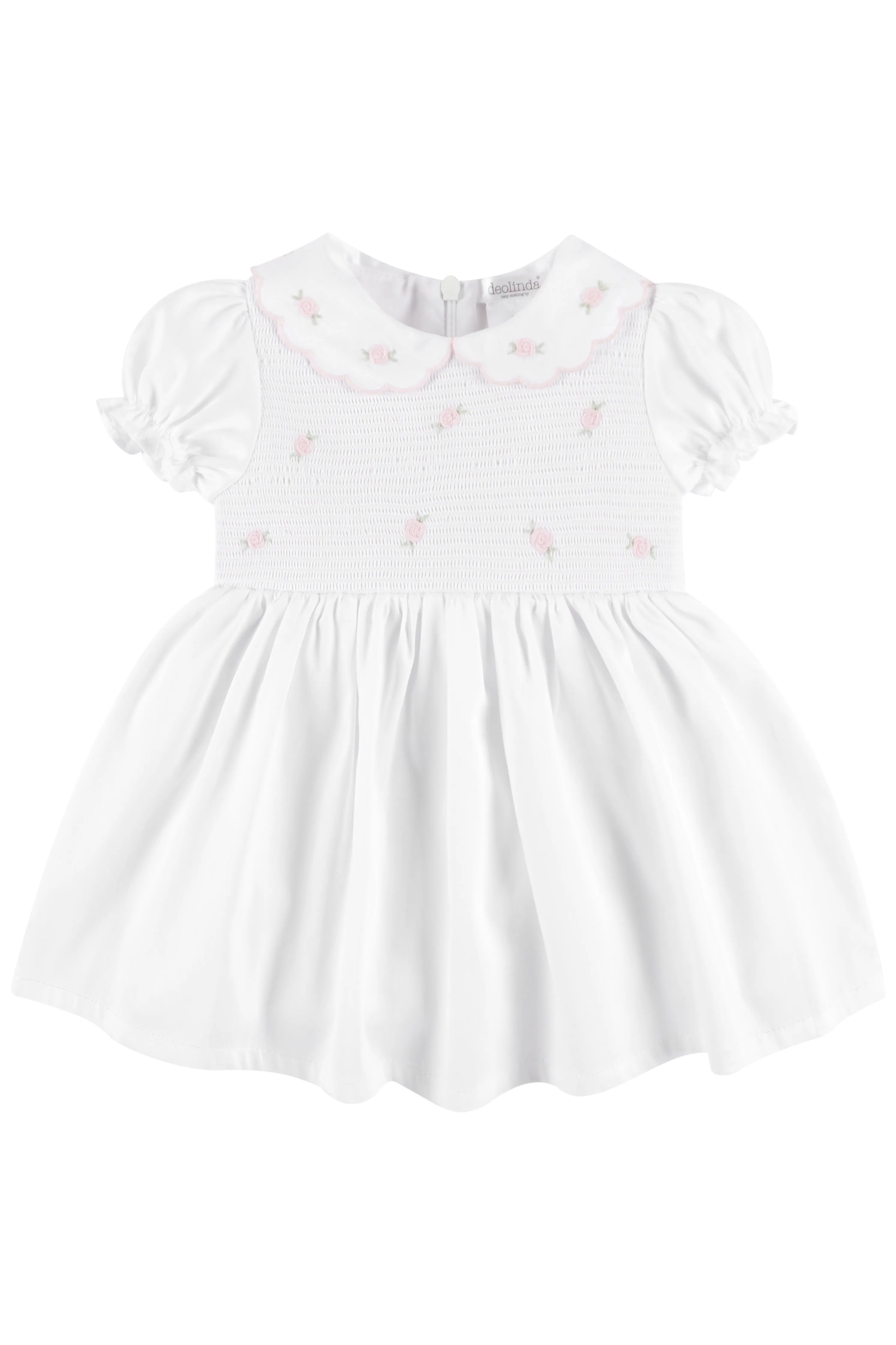 "Cassie" White & Pink Smocked Rose Dress