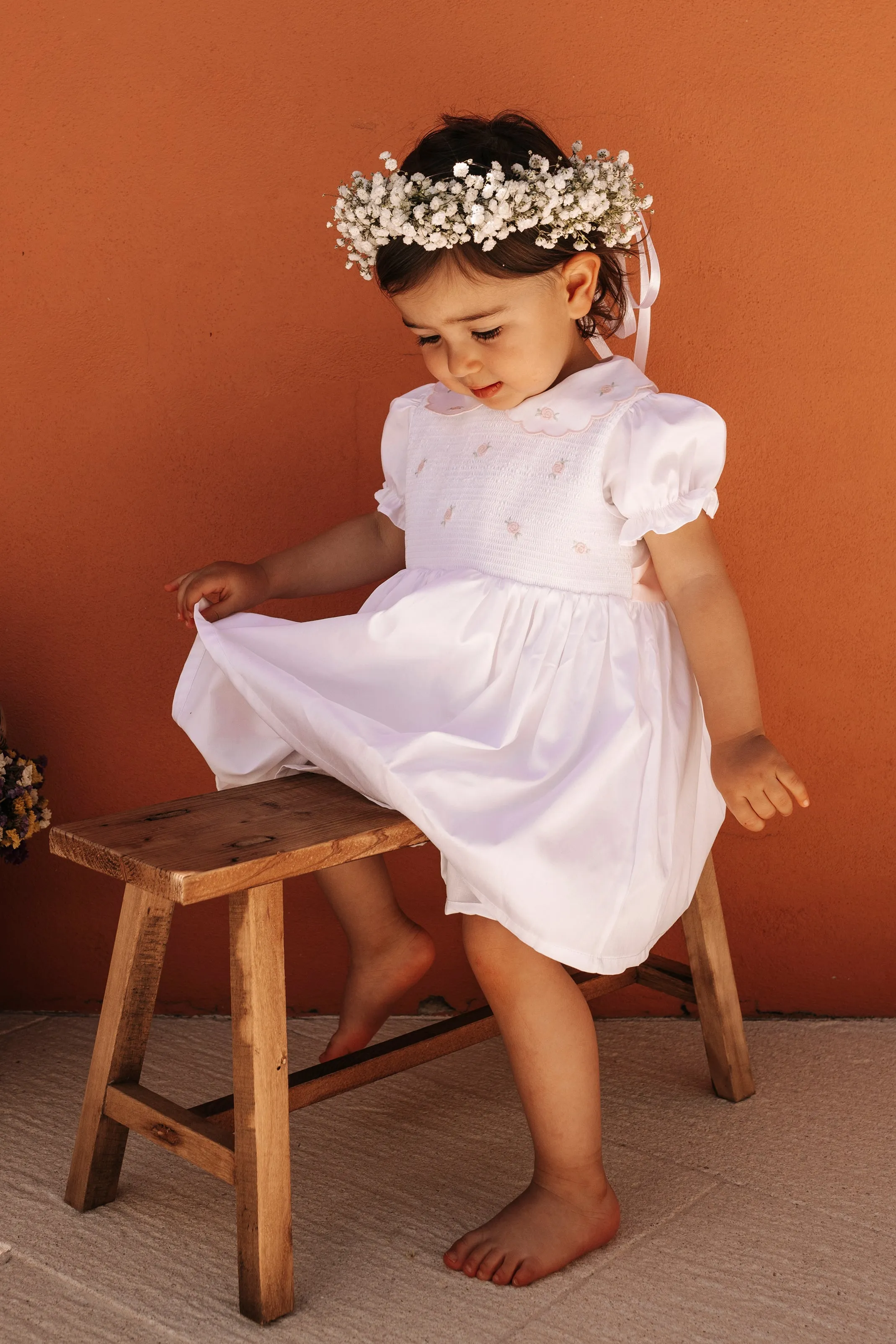 "Cassie" White & Pink Smocked Rose Dress