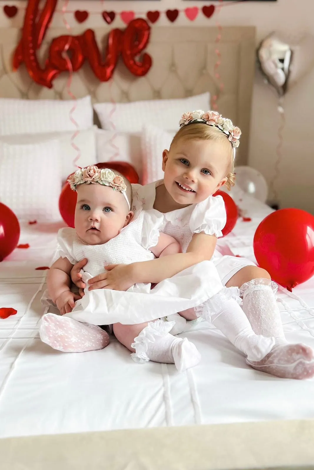 "Cassie" White & Pink Smocked Rose Dress