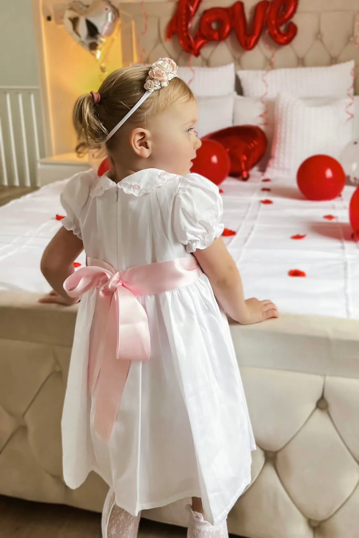 "Cassie" White & Pink Smocked Rose Dress