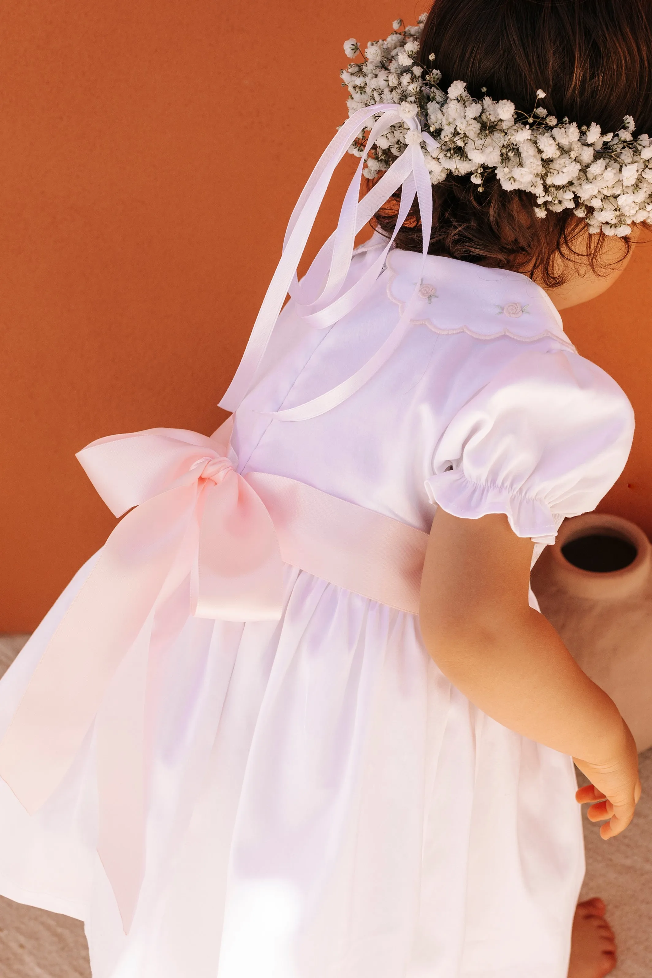 "Cassie" White & Pink Smocked Rose Dress