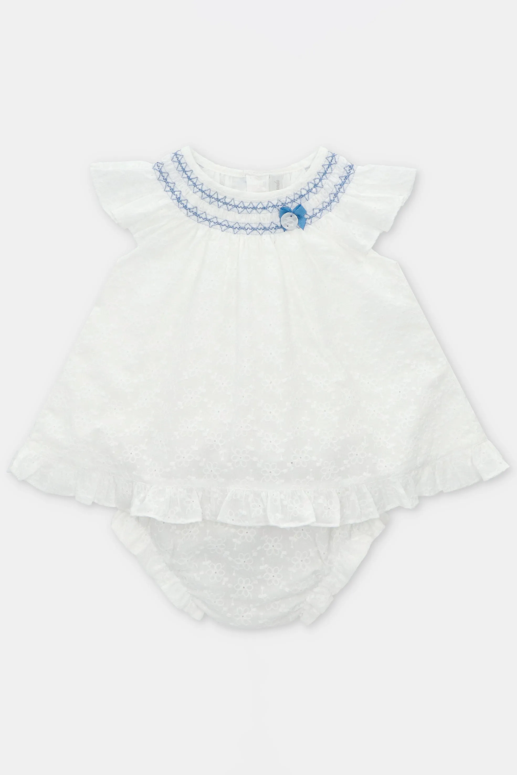"Fiorella" White Broderie Anglaise Smocked Dress & Bloomers
