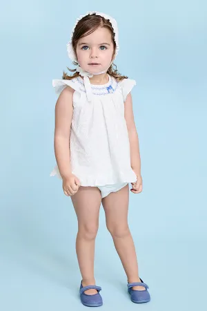 "Fiorella" White Broderie Anglaise Smocked Dress & Bloomers