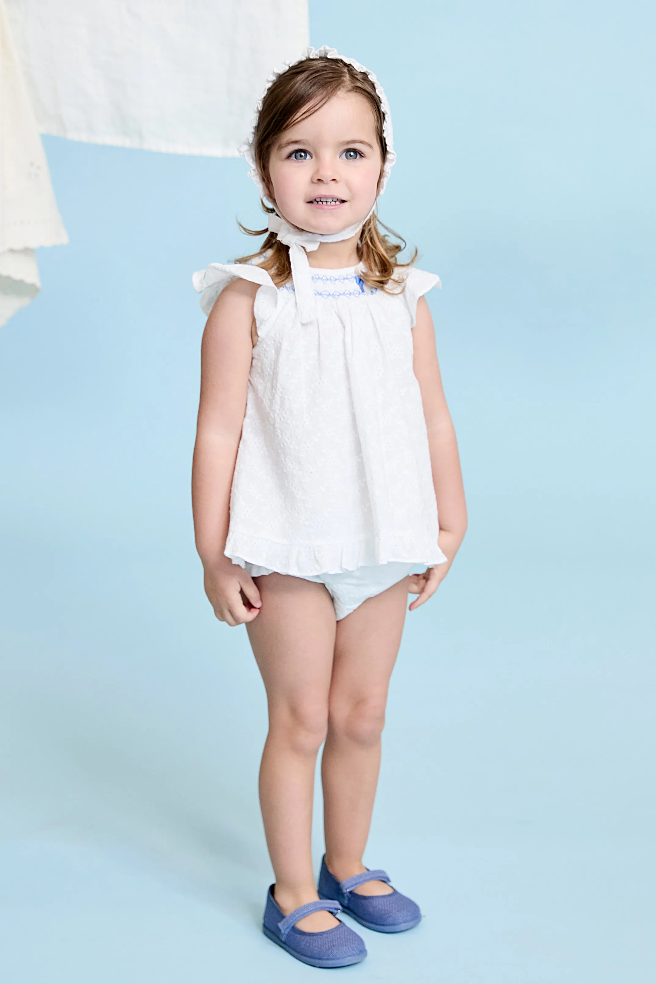 "Fiorella" White Broderie Anglaise Smocked Dress & Bloomers