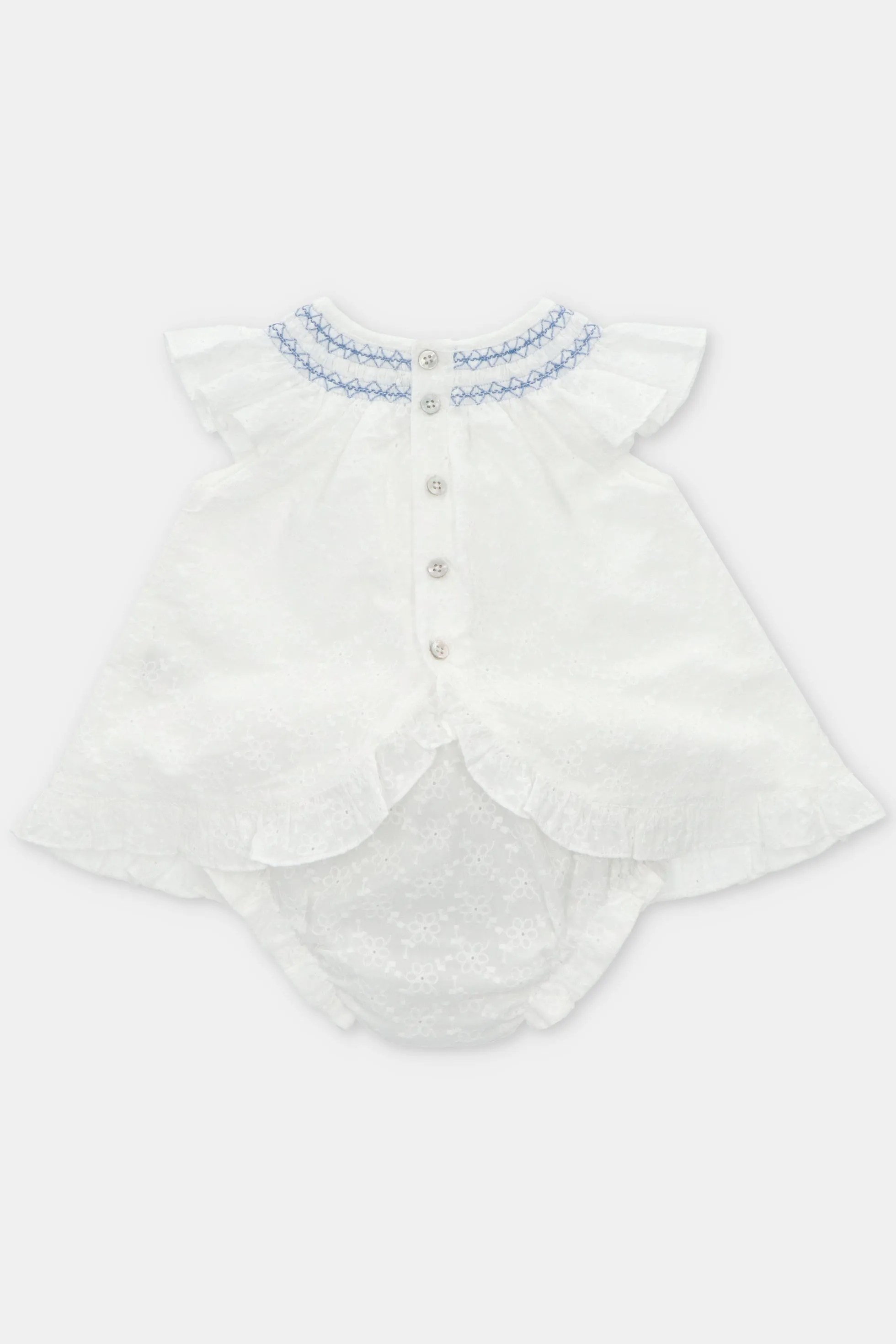 "Fiorella" White Broderie Anglaise Smocked Dress & Bloomers