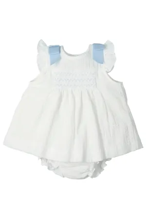 "Zariah" White & Blue Smocked Dress & Bloomers