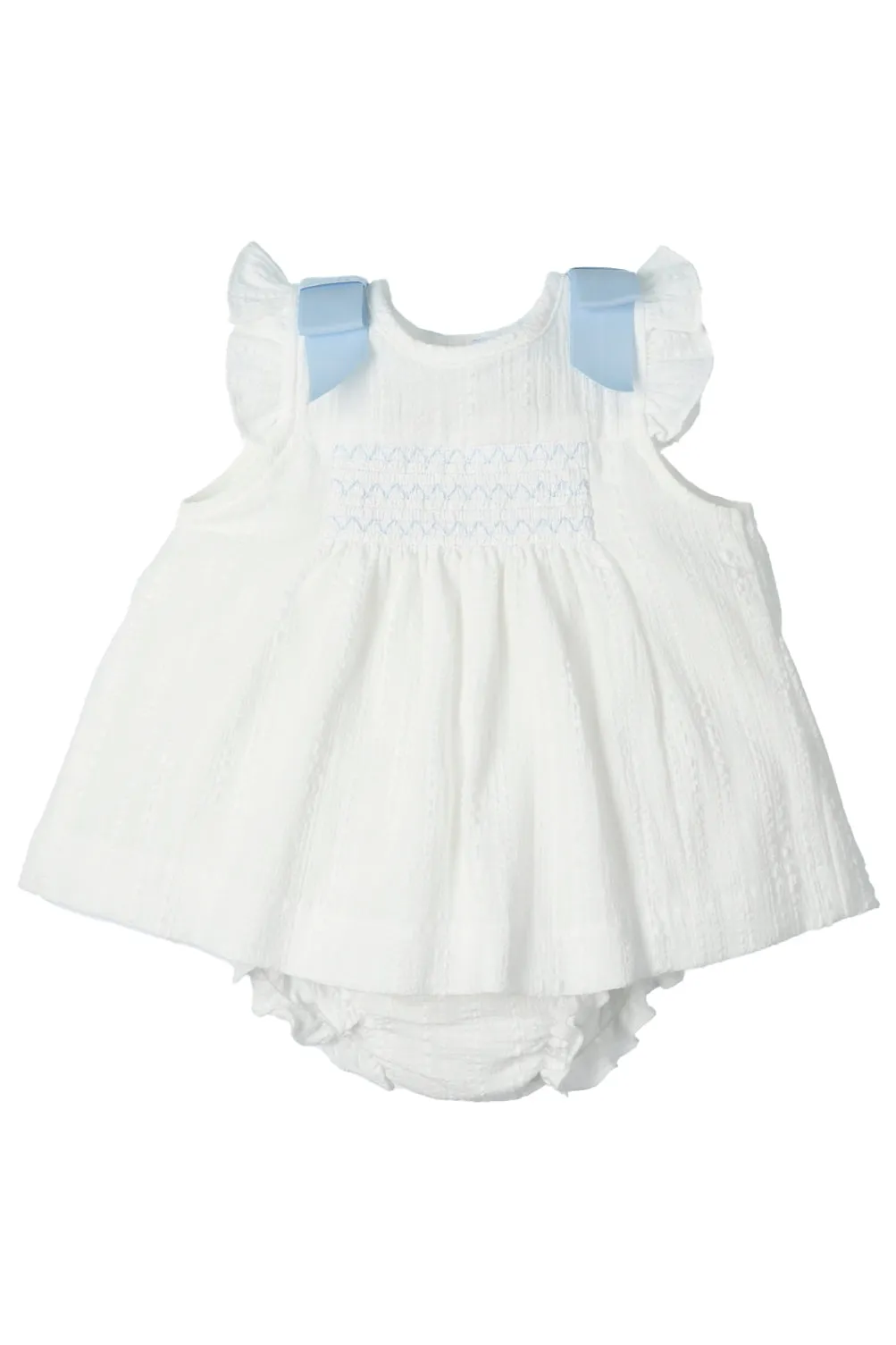 "Zariah" White & Blue Smocked Dress & Bloomers