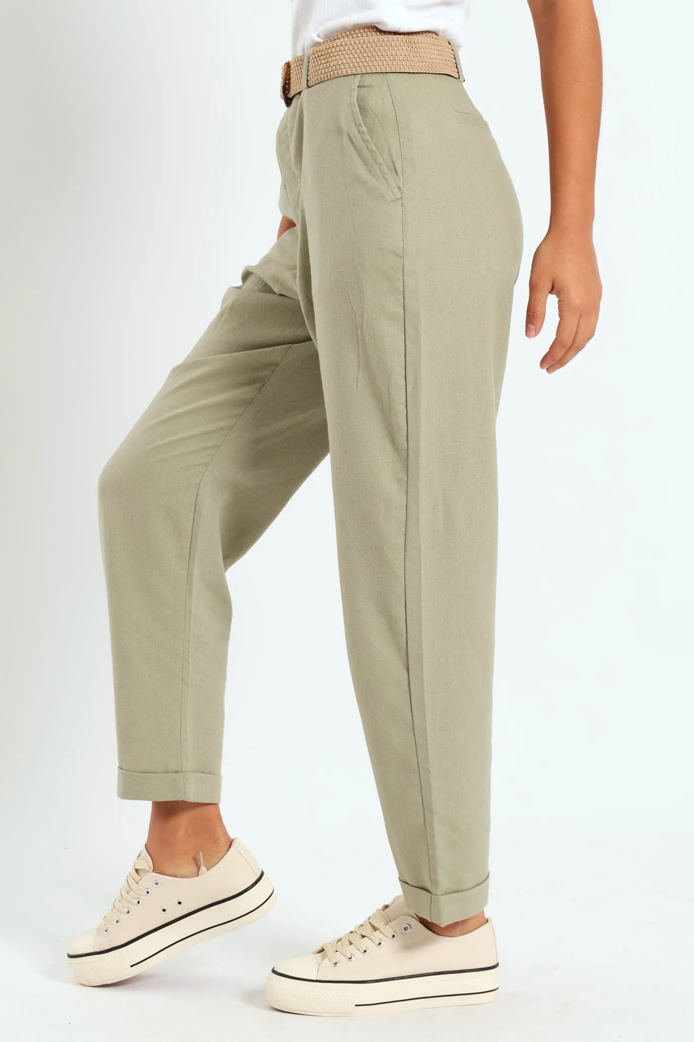 Rafia Belted Tapered Leg Linen Pant - Light Fatigue