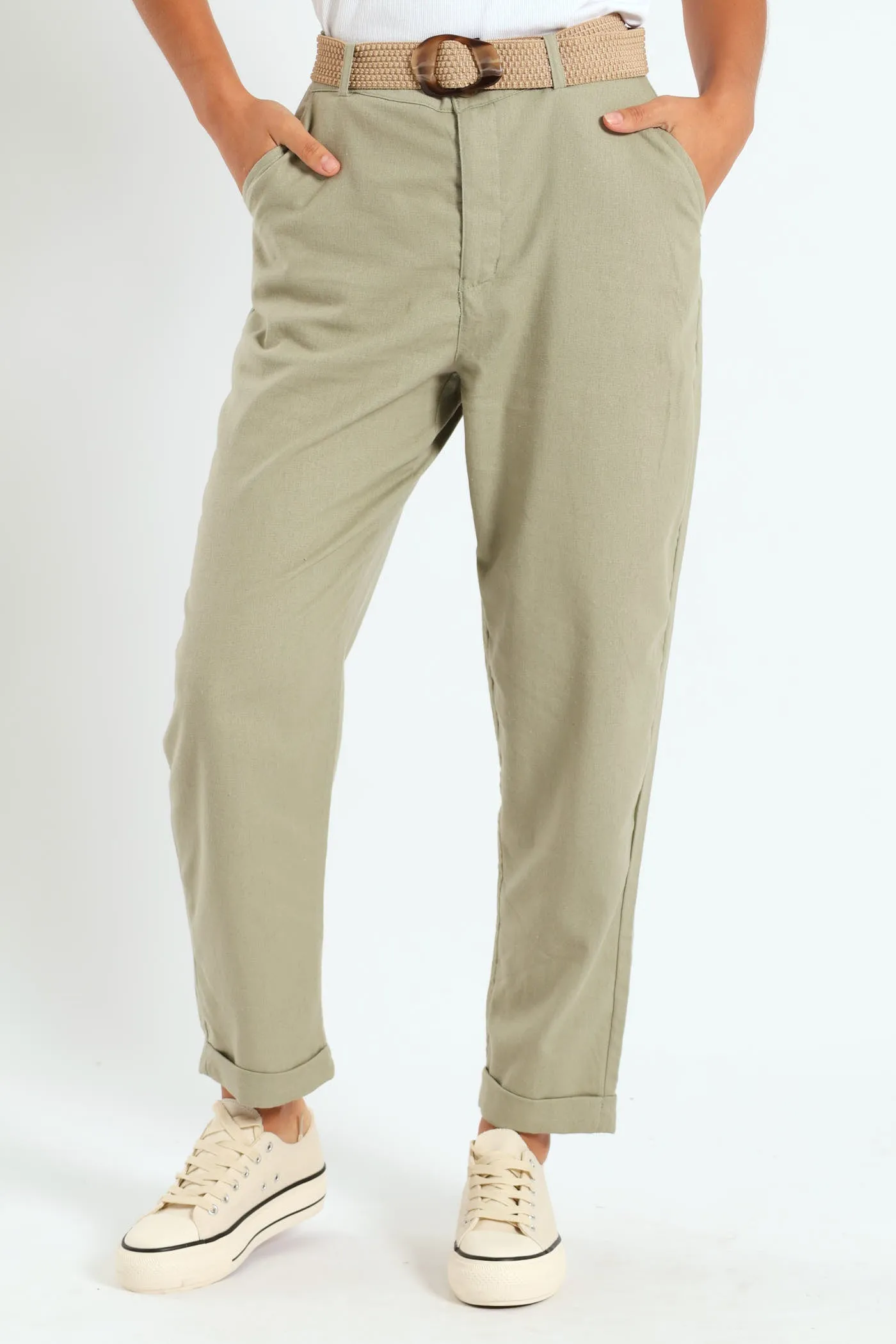 Rafia Belted Tapered Leg Linen Pant - Light Fatigue