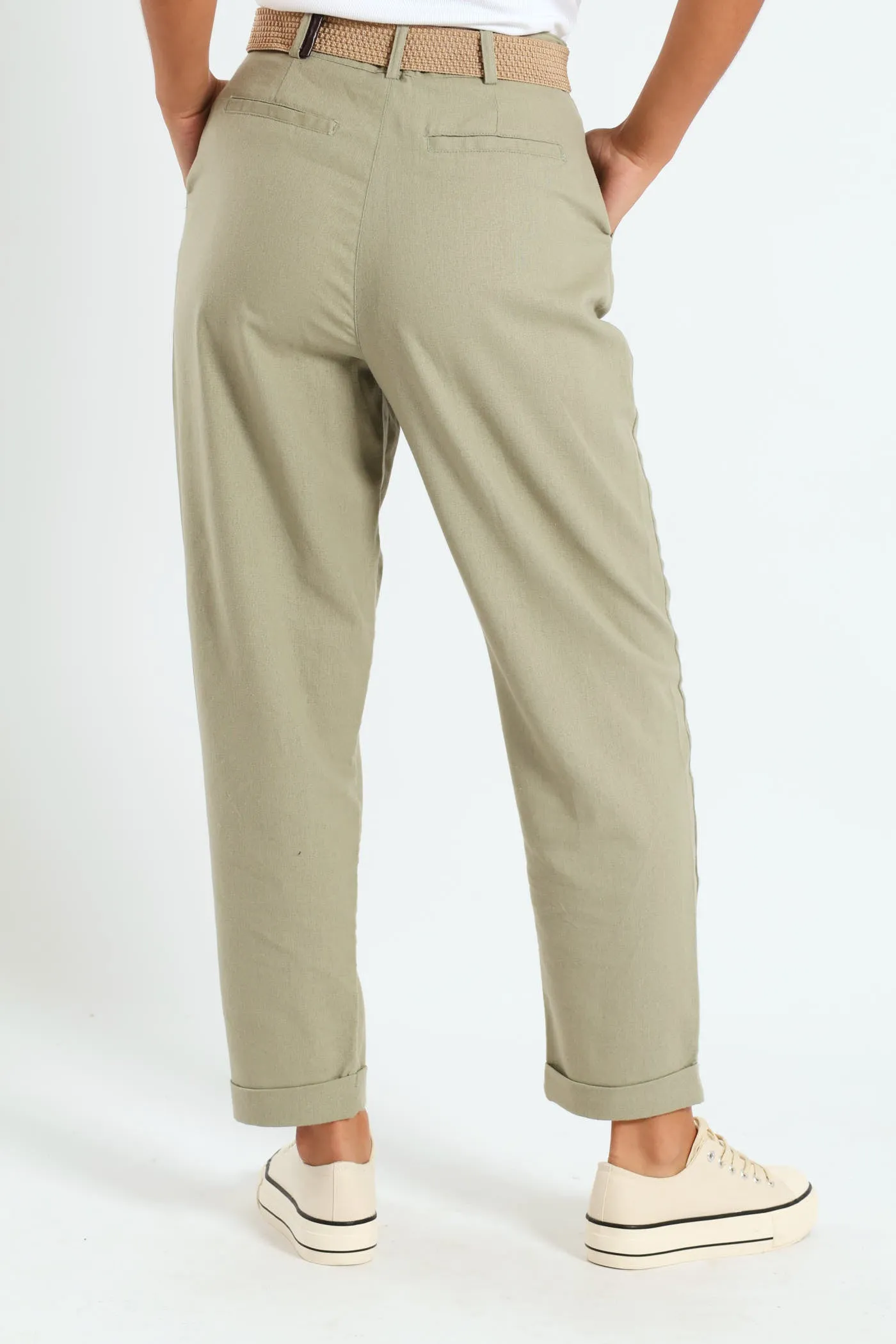 Rafia Belted Tapered Leg Linen Pant - Light Fatigue