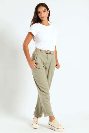 Rafia Belted Tapered Leg Linen Pant - Light Fatigue