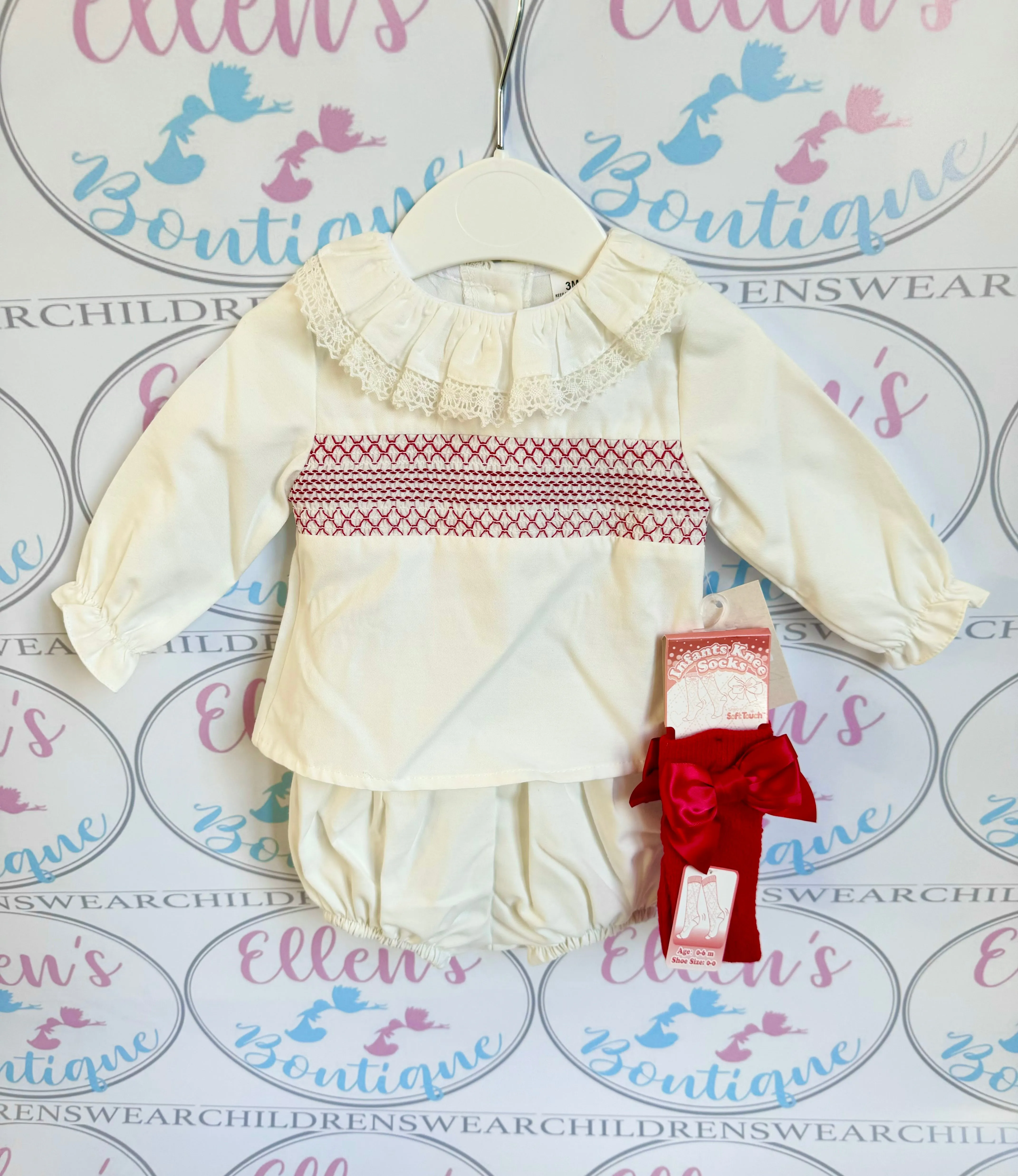 Red and White Smocked Frilly Jam Pants and Socks Set