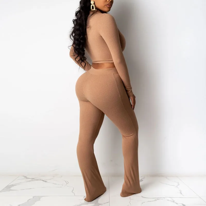 Ribbed Long Sleeve Crop Top & Wide Leg Pants Set