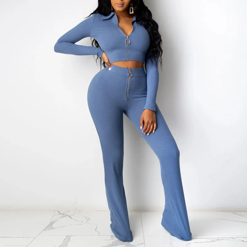 Ribbed Long Sleeve Crop Top & Wide Leg Pants Set