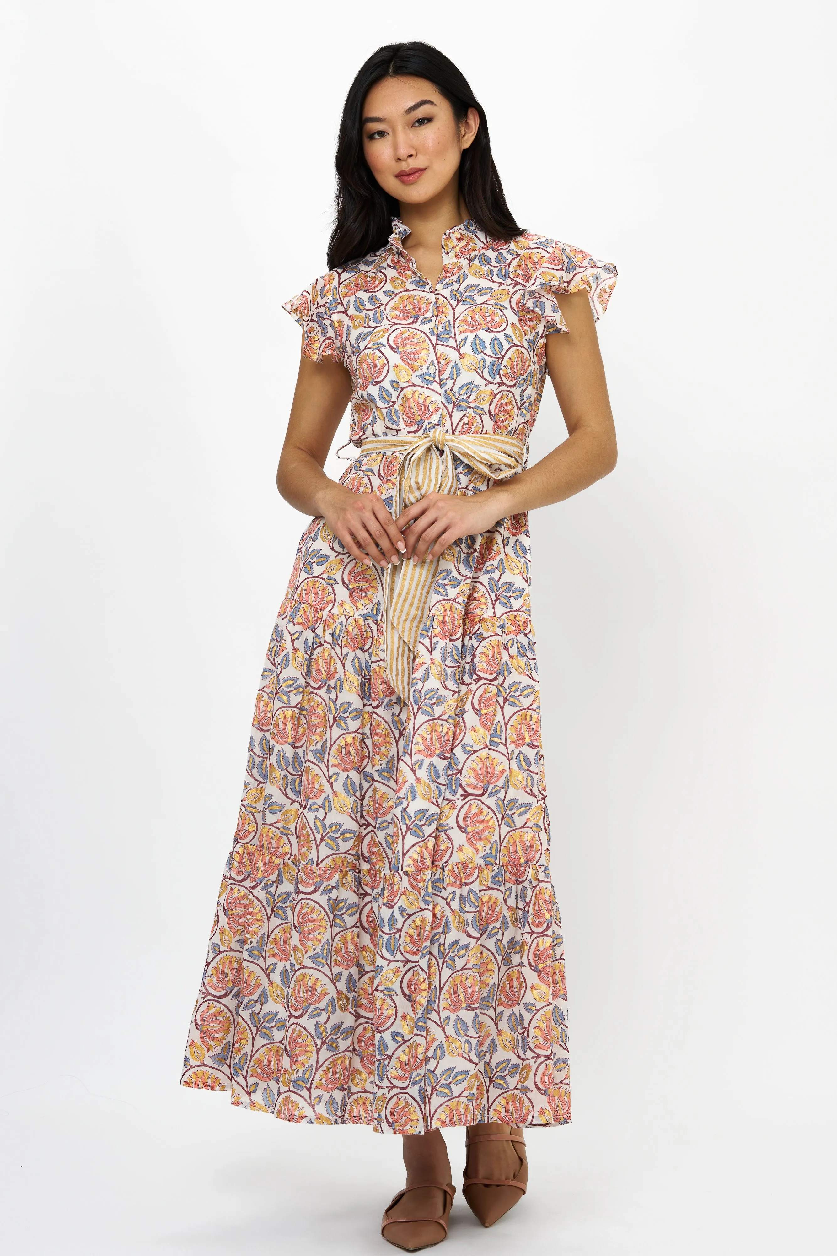 Ruffle Collar Button Maxi- Montenegro Coral