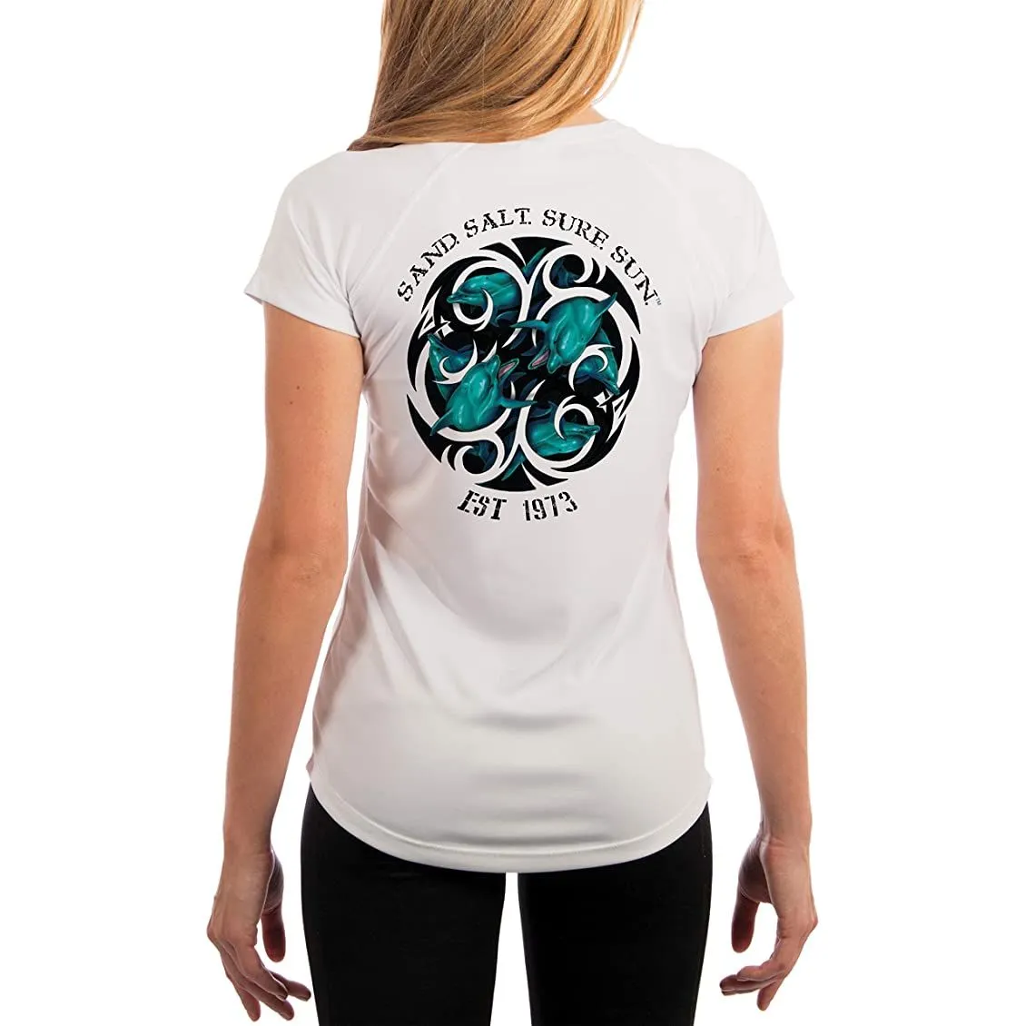 SAND.SALT.SURF.SUN. Dolphin Tribal Women's UPF 50  UV Sun Protection Performance Short Sleeve T-Shirt
